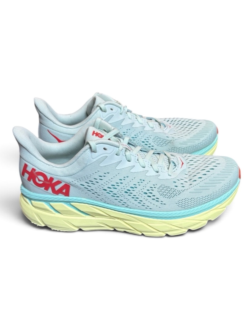 HOKA Clifton 7 Running Shoes Morning Women’s 10.5 Mist/Hot Coral NO INSOLES